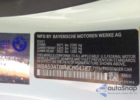 2021 BMW M440I z USA, uszkodzony, nr VIN WBA53AT08MCH04787